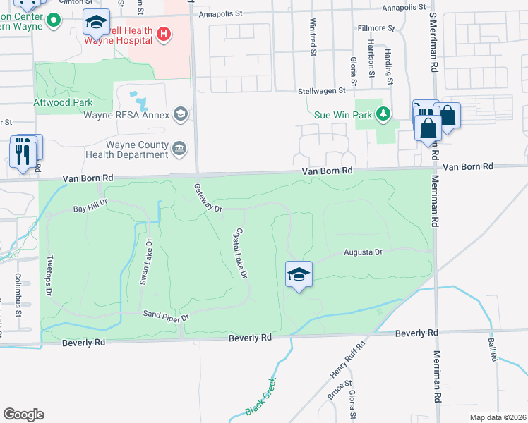 map of restaurants, bars, coffee shops, grocery stores, and more near 32501 Gateway Drive in Romulus
