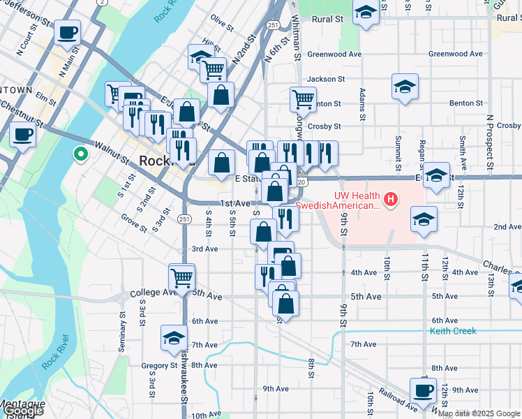 map of restaurants, bars, coffee shops, grocery stores, and more near 210 South 6th Street in Rockford