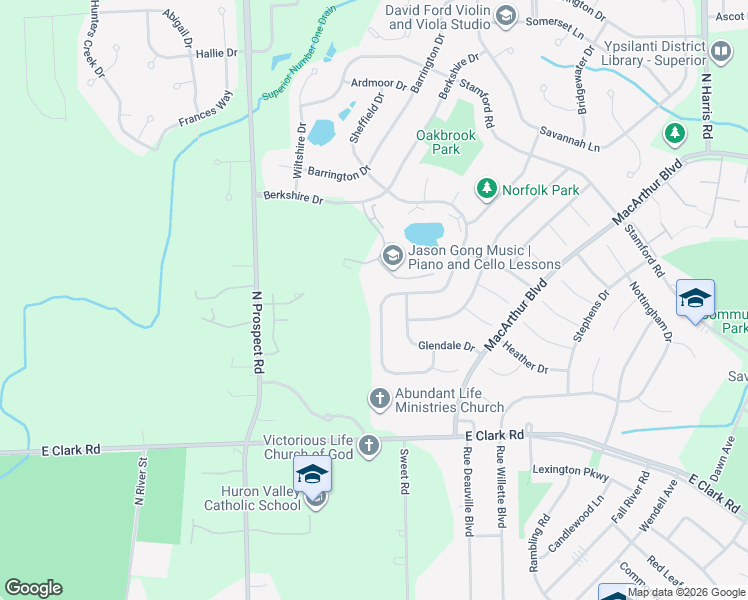 map of restaurants, bars, coffee shops, grocery stores, and more near 1671 Sheffield Drive in Superior Charter Township