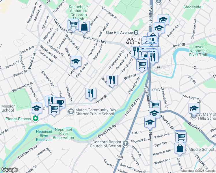 map of restaurants, bars, coffee shops, grocery stores, and more near 16 Rector Road in Boston