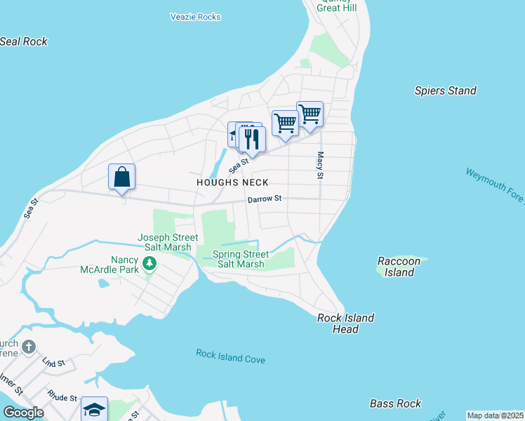 map of restaurants, bars, coffee shops, grocery stores, and more near 4 Littlefield Street in Quincy