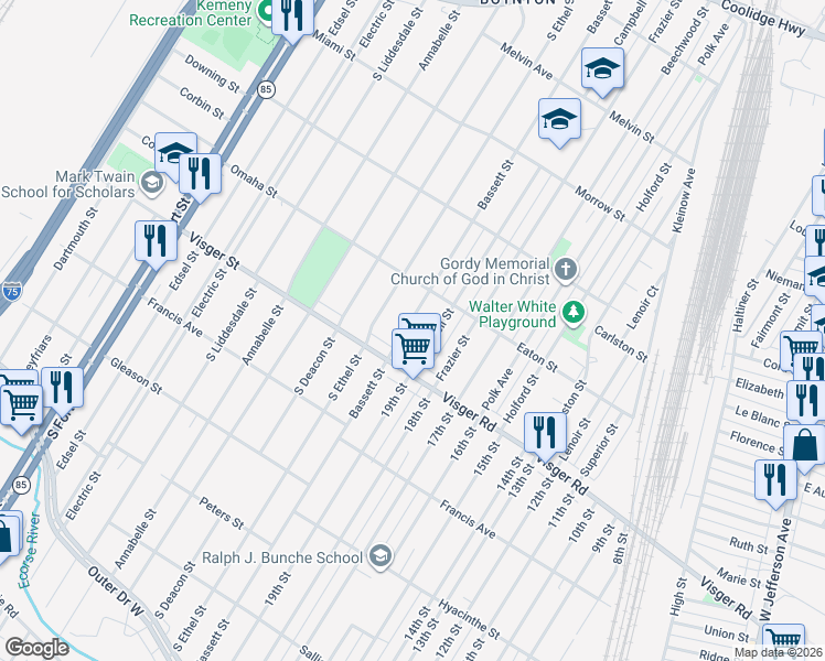 map of restaurants, bars, coffee shops, grocery stores, and more near 2687 Bassett Street in Detroit