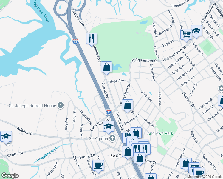 map of restaurants, bars, coffee shops, grocery stores, and more near 192 Granite Avenue in Milton