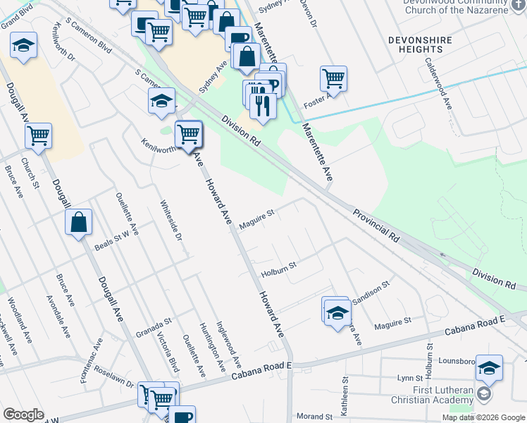 map of restaurants, bars, coffee shops, grocery stores, and more near 3532 Howard Avenue in Windsor