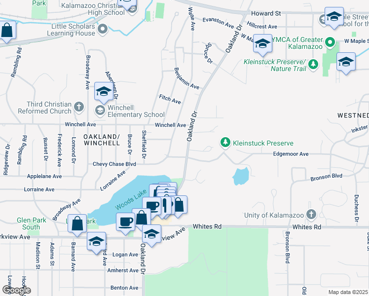 map of restaurants, bars, coffee shops, grocery stores, and more near 2514 Oakland Drive in Kalamazoo