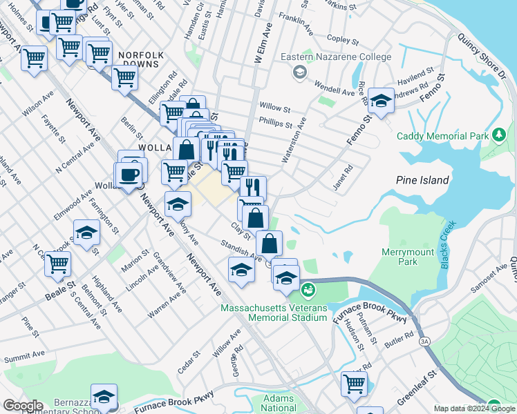 map of restaurants, bars, coffee shops, grocery stores, and more near 19 Merrymount Avenue in Quincy