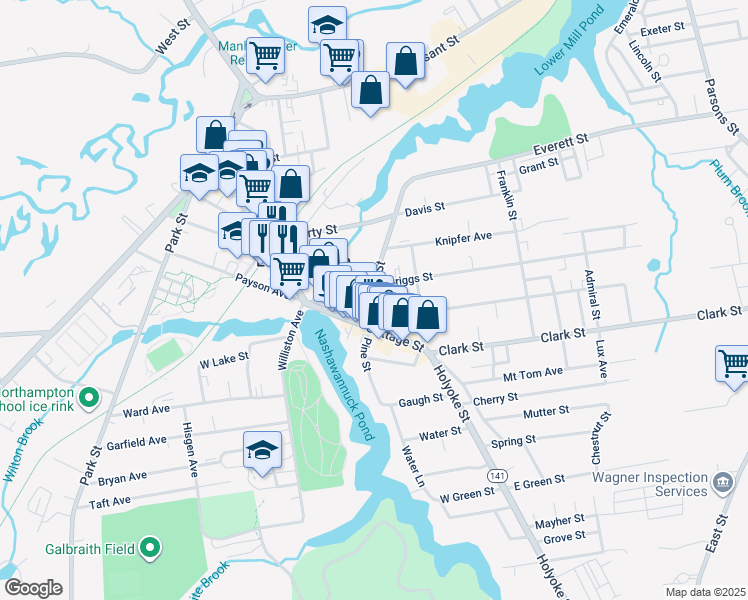 map of restaurants, bars, coffee shops, grocery stores, and more near 3 Adams Street in Easthampton