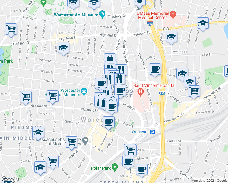 map of restaurants, bars, coffee shops, grocery stores, and more near 29 Waldo St in Worcester