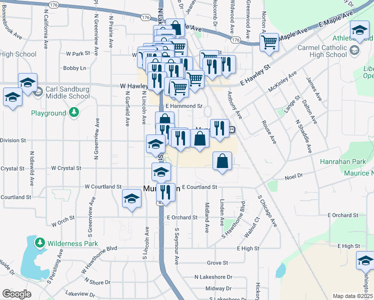 map of restaurants, bars, coffee shops, grocery stores, and more near 167 North Seymour Avenue in Mundelein