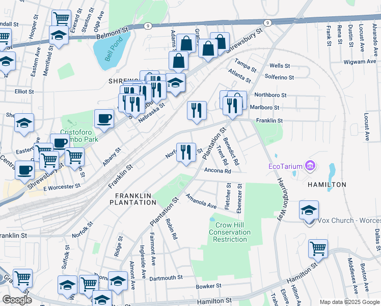 map of restaurants, bars, coffee shops, grocery stores, and more near 173 Orient Street in Worcester
