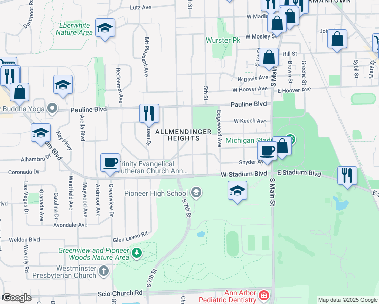 map of restaurants, bars, coffee shops, grocery stores, and more near 1216 Hutchins Avenue in Ann Arbor
