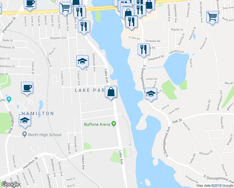 map of restaurants, bars, coffee shops, grocery stores, and more near 231 Lake Avenue in Worcester