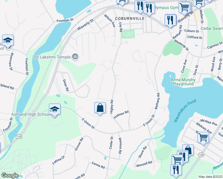 map of restaurants, bars, coffee shops, grocery stores, and more near 78 Higley Road in Ashland