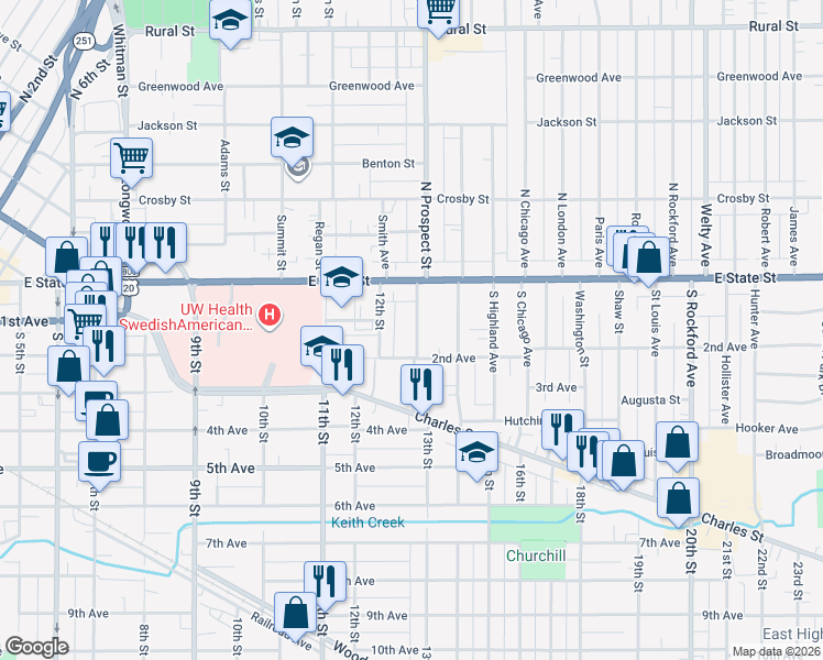 map of restaurants, bars, coffee shops, grocery stores, and more near 207 South Prospect Street in Rockford