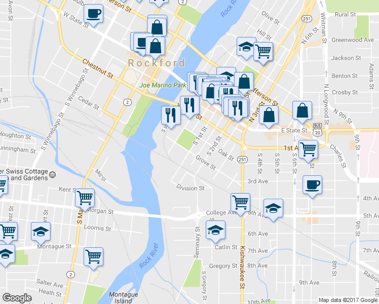 map of restaurants, bars, coffee shops, grocery stores, and more near 6619 South 1st Street in Rockford
