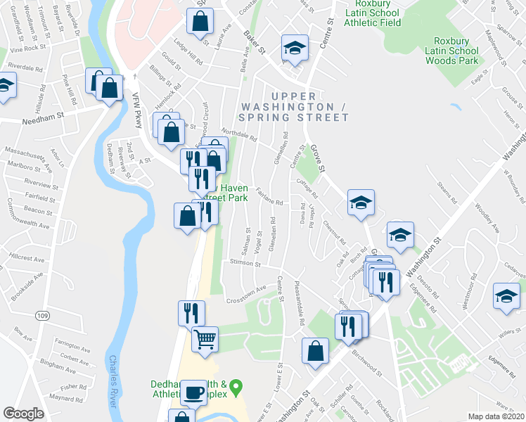 map of restaurants, bars, coffee shops, grocery stores, and more near 20 Vogel Street in Boston