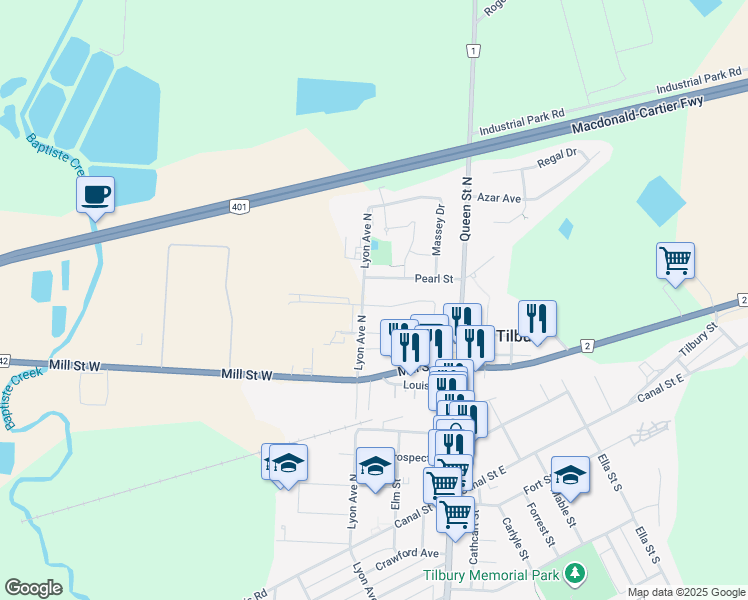map of restaurants, bars, coffee shops, grocery stores, and more near 42 Vanier Drive in Tilbury