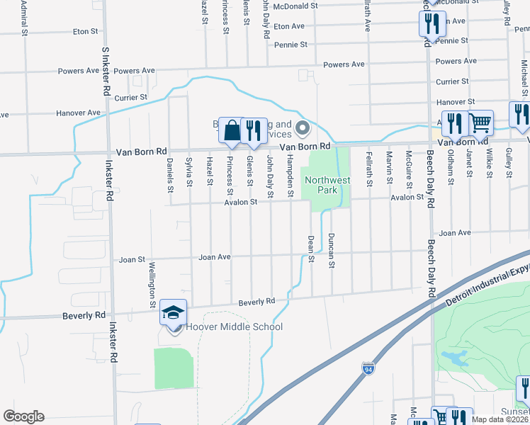 map of restaurants, bars, coffee shops, grocery stores, and more near 6036 John Daly Street in Taylor