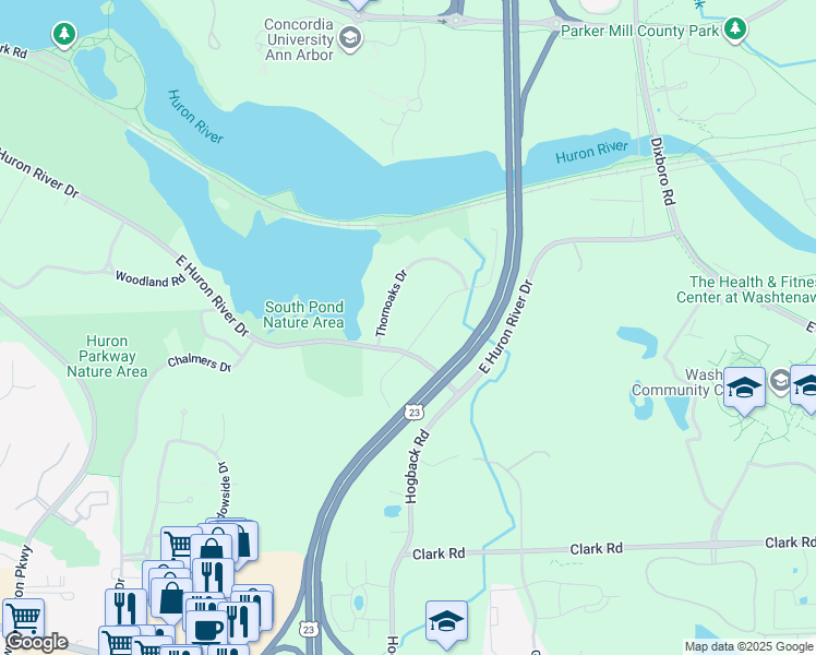map of restaurants, bars, coffee shops, grocery stores, and more near 4063 East Huron River Drive in Ann Arbor