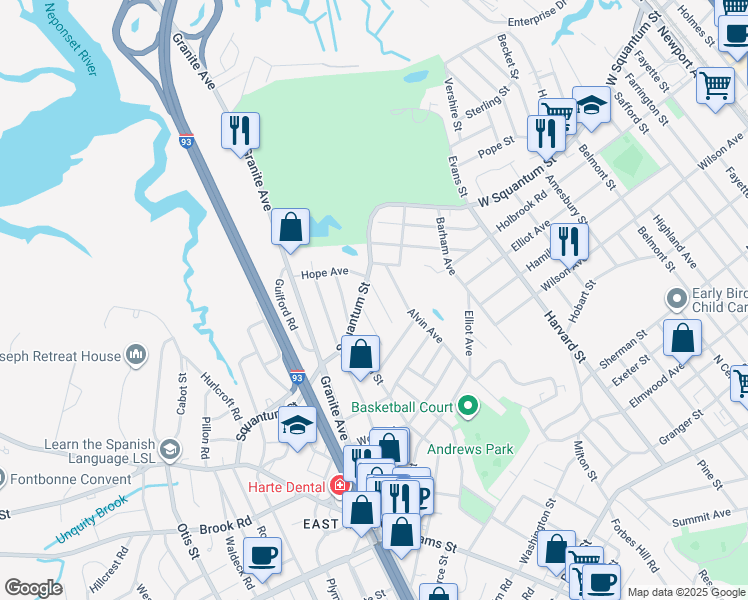 map of restaurants, bars, coffee shops, grocery stores, and more near 23 Denmark Avenue in Milton