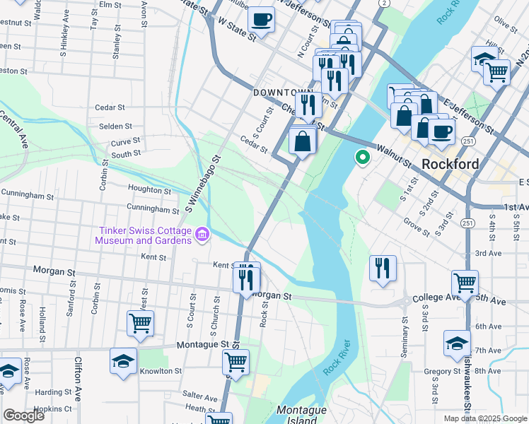 map of restaurants, bars, coffee shops, grocery stores, and more near 639 South Main Street in Rockford