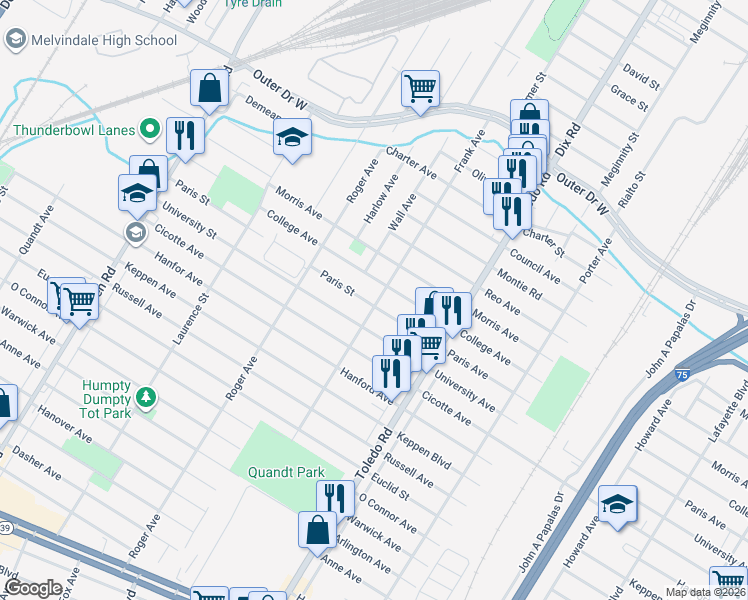 map of restaurants, bars, coffee shops, grocery stores, and more near 2204 Paris Avenue in Lincoln Park