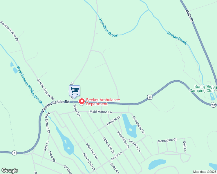 map of restaurants, bars, coffee shops, grocery stores, and more near 87 Stoney Brook Road in Becket