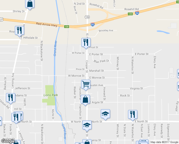 map of restaurants, bars, coffee shops, grocery stores, and more near 1309 Cooper Street in Jackson