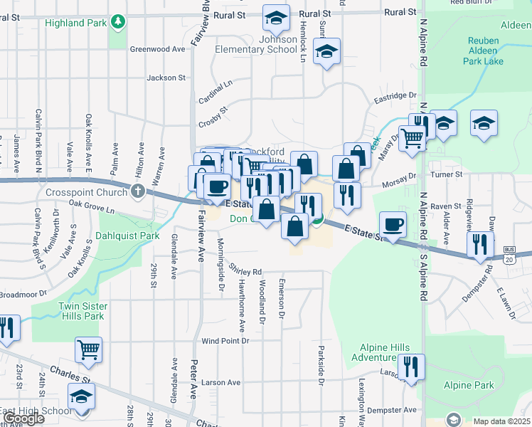 map of restaurants, bars, coffee shops, grocery stores, and more near 3805 E State St in Rockford
