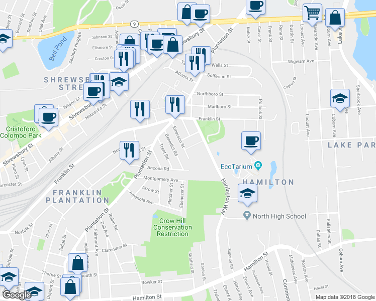 map of restaurants, bars, coffee shops, grocery stores, and more near 25 Emerson Street in Worcester