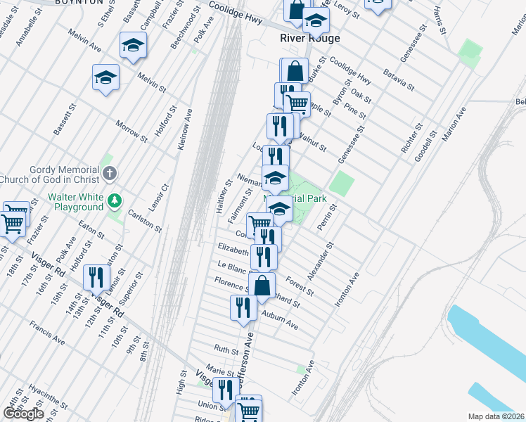 map of restaurants, bars, coffee shops, grocery stores, and more near 211 Summit Street in River Rouge
