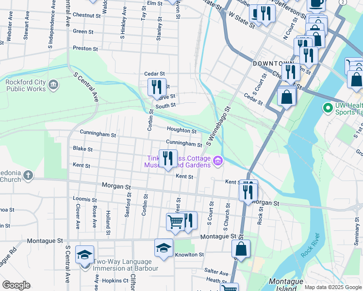 map of restaurants, bars, coffee shops, grocery stores, and more near 803 West Street in Rockford