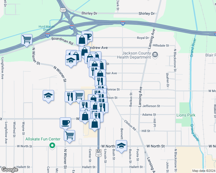 map of restaurants, bars, coffee shops, grocery stores, and more near 650 West Monroe Street in Jackson