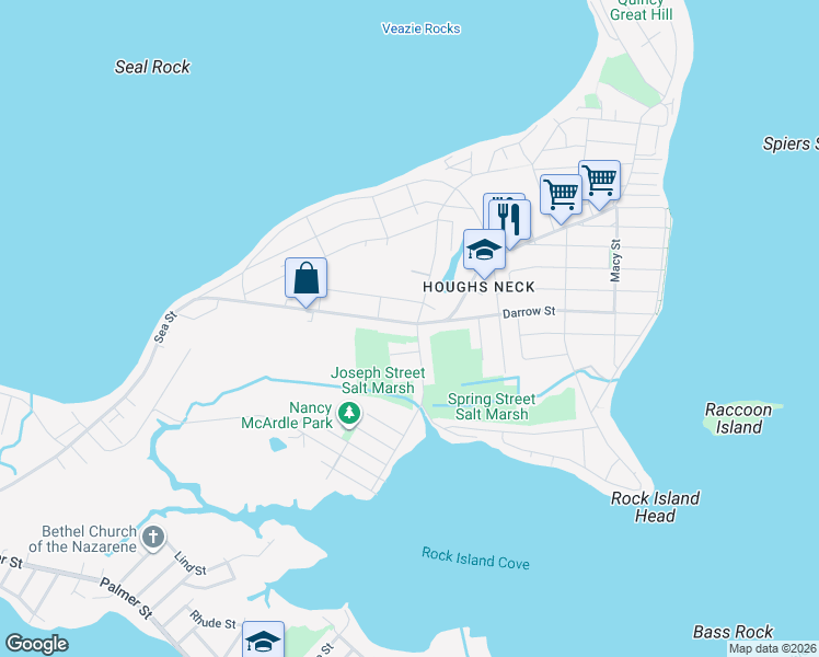 map of restaurants, bars, coffee shops, grocery stores, and more near 985 Sea Street in Quincy