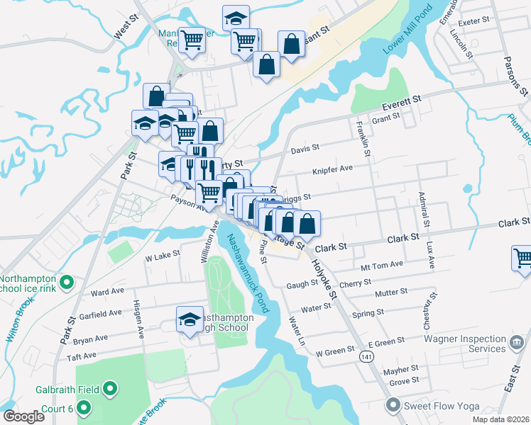 map of restaurants, bars, coffee shops, grocery stores, and more near 3 Adams Street in Easthampton