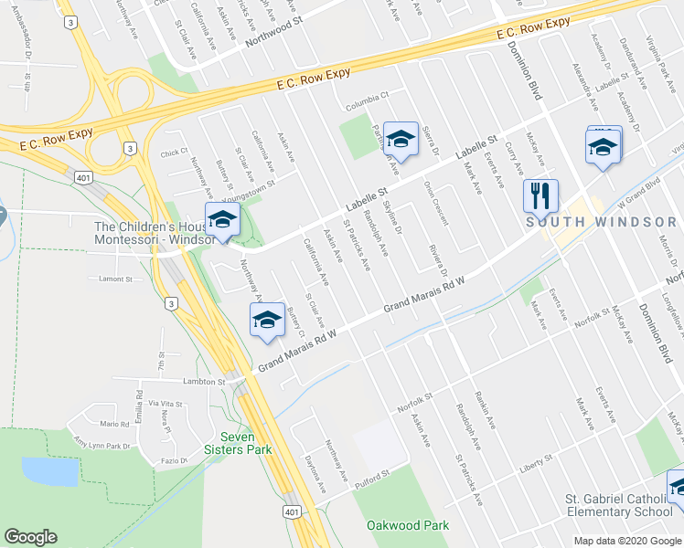 map of restaurants, bars, coffee shops, grocery stores, and more near 2905 Askin Avenue in Windsor