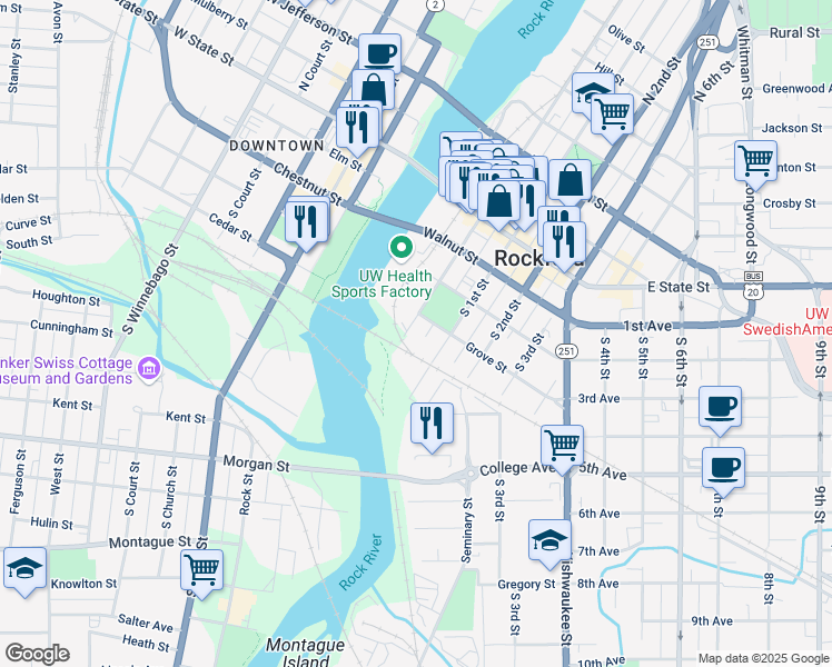 map of restaurants, bars, coffee shops, grocery stores, and more near 416 South Madison Street in Rockford