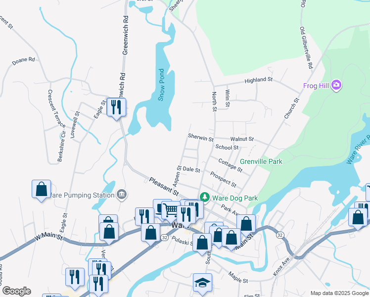 map of restaurants, bars, coffee shops, grocery stores, and more near 98 Bellevue Avenue in Ware
