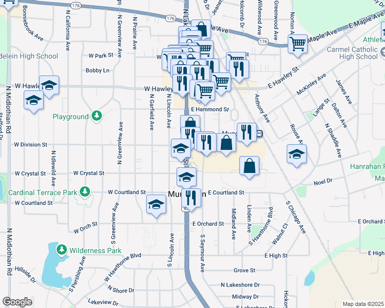 map of restaurants, bars, coffee shops, grocery stores, and more near 151 North Lake Street in Mundelein