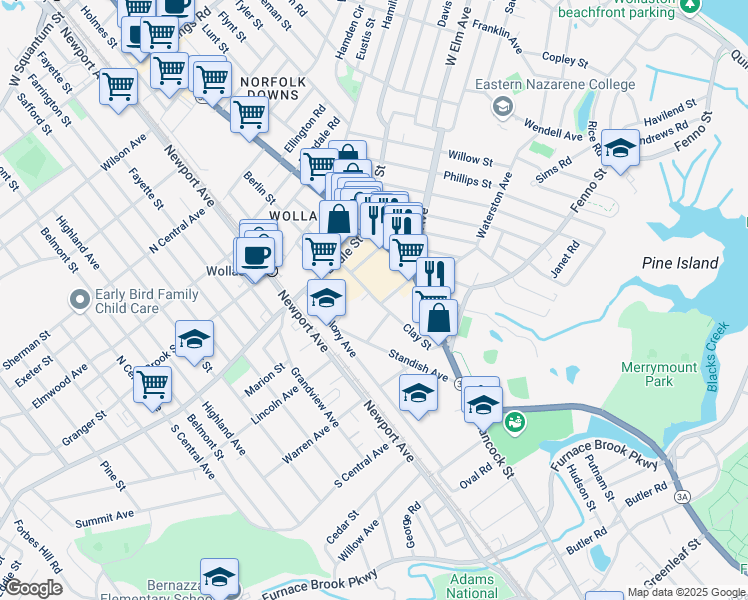 map of restaurants, bars, coffee shops, grocery stores, and more near 85 Clay Street in Quincy