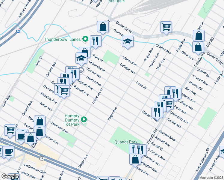 map of restaurants, bars, coffee shops, grocery stores, and more near 14940 Hanfor Avenue in Allen Park
