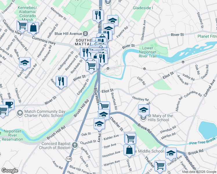 map of restaurants, bars, coffee shops, grocery stores, and more near 47 Curtis Road in Milton