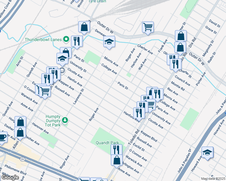 map of restaurants, bars, coffee shops, grocery stores, and more near 14717 University Street in Allen Park