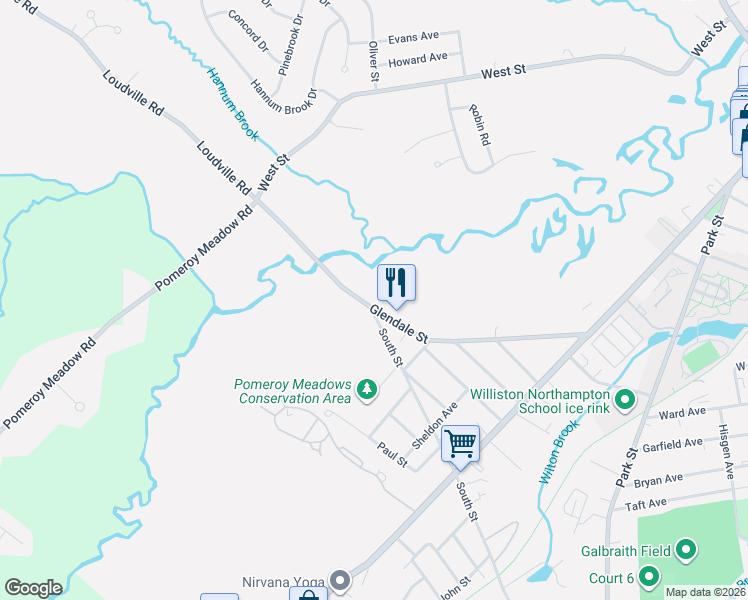 map of restaurants, bars, coffee shops, grocery stores, and more near 73 Glendale Street in Easthampton