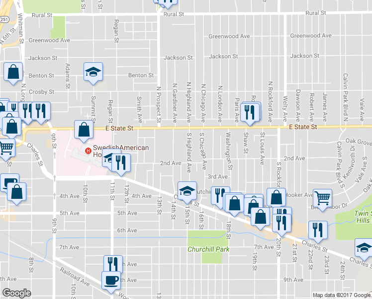 map of restaurants, bars, coffee shops, grocery stores, and more near 219 South Highland Avenue in Rockford