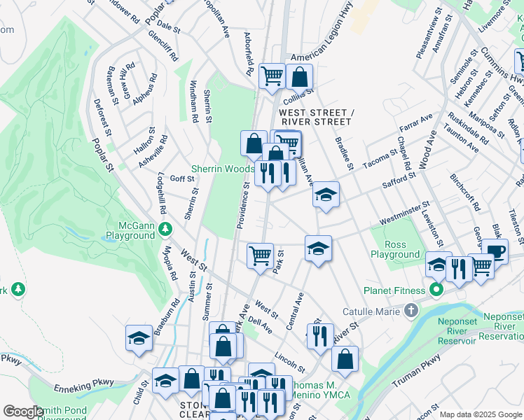 map of restaurants, bars, coffee shops, grocery stores, and more near 997 Hyde Park Avenue in Boston