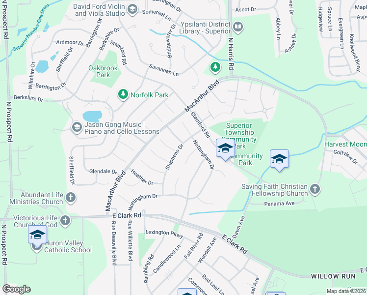 map of restaurants, bars, coffee shops, grocery stores, and more near 1746 Stephens Drive in Superior Charter Township