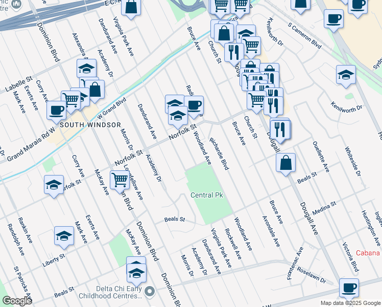 map of restaurants, bars, coffee shops, grocery stores, and more near Rockwell Boulevard in Windsor