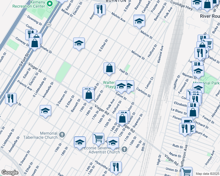 map of restaurants, bars, coffee shops, grocery stores, and more near 514 Beechwood Street in River Rouge