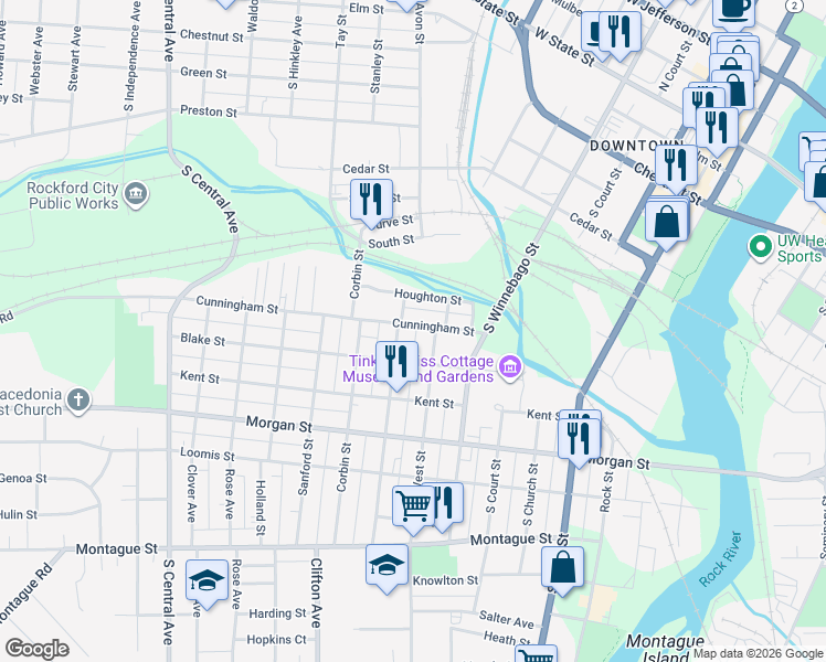 map of restaurants, bars, coffee shops, grocery stores, and more near 803 West Street in Rockford